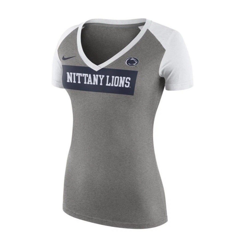 Penn State Nittany Lions Nike V Neck T Shirt Womens L Gray White colorblock